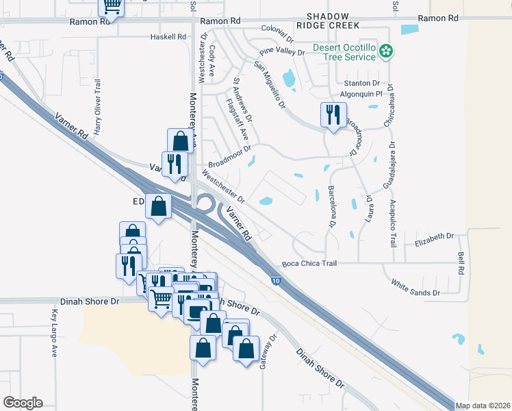 map of restaurants, bars, coffee shops, grocery stores, and more near 33460 Westchester Drive in Thousand Palms
