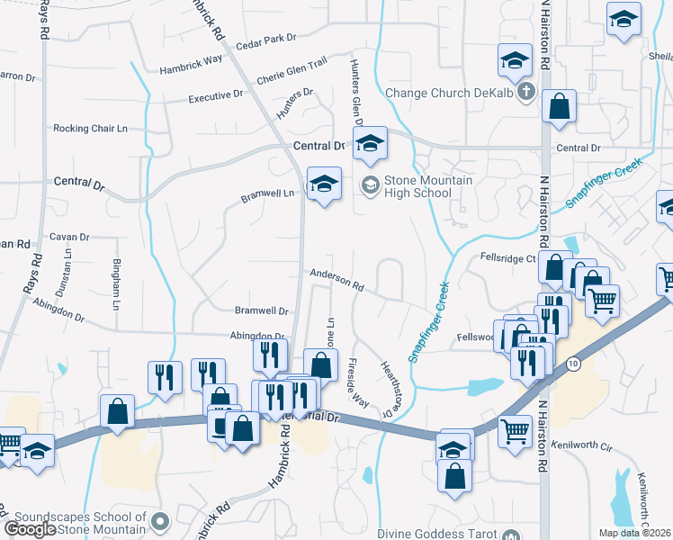 map of restaurants, bars, coffee shops, grocery stores, and more near 973 Hearthstone Place in Stone Mountain
