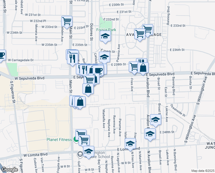 map of restaurants, bars, coffee shops, grocery stores, and more near 24015 Neptune Avenue in Carson