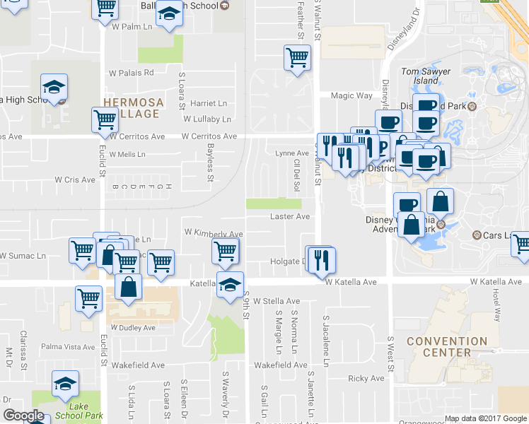 map of restaurants, bars, coffee shops, grocery stores, and more near 1403 W Laster Ave in Anaheim
