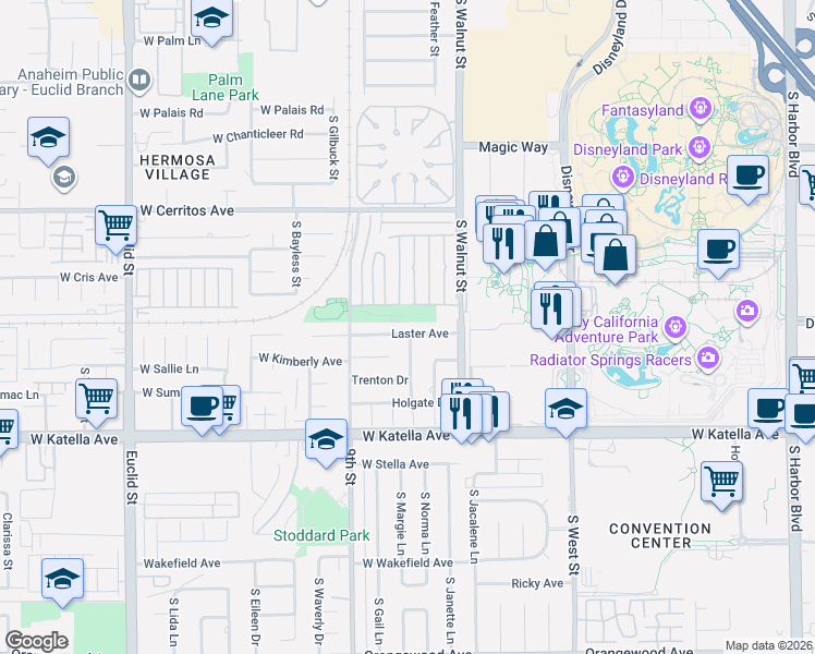 map of restaurants, bars, coffee shops, grocery stores, and more near 1237 Laster Avenue in Anaheim