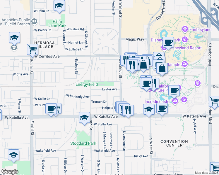 map of restaurants, bars, coffee shops, grocery stores, and more near 1237 Laster Avenue in Anaheim