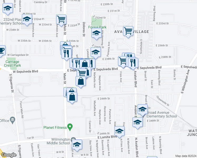 map of restaurants, bars, coffee shops, grocery stores, and more near 24015 Neptune Avenue in Carson
