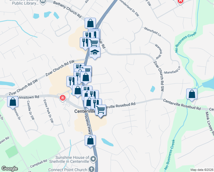 map of restaurants, bars, coffee shops, grocery stores, and more near 3804 Palisade Court Southwest in Snellville
