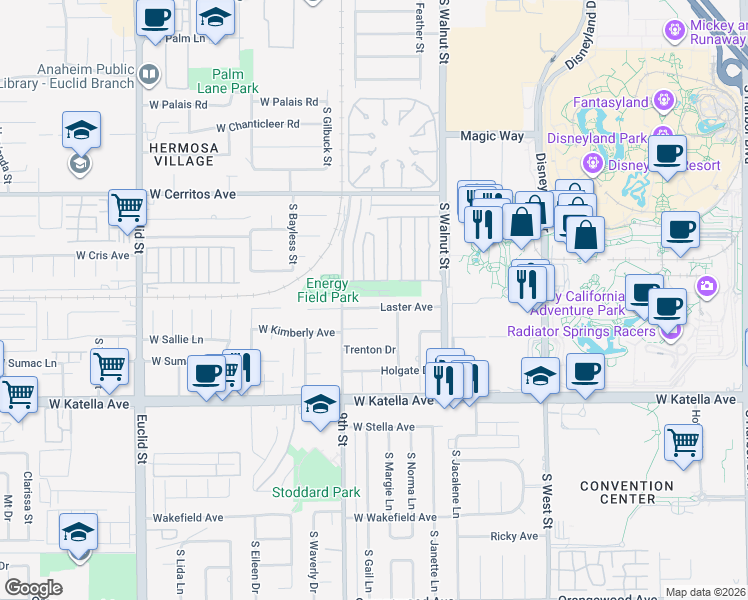 map of restaurants, bars, coffee shops, grocery stores, and more near 1323 Laster Avenue in Anaheim