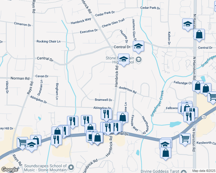 map of restaurants, bars, coffee shops, grocery stores, and more near 4457 Huntshire Drive in Stone Mountain
