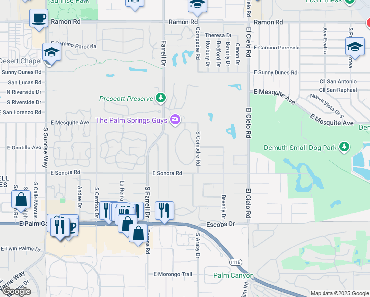 map of restaurants, bars, coffee shops, grocery stores, and more near 2701 East Mesquite Avenue in Palm Springs