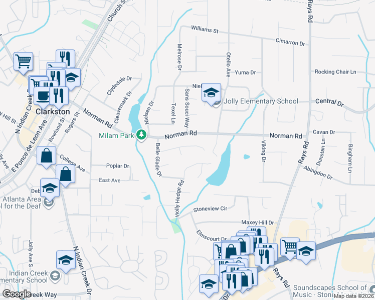 map of restaurants, bars, coffee shops, grocery stores, and more near 3943 Garfield Drive in Stone Mountain