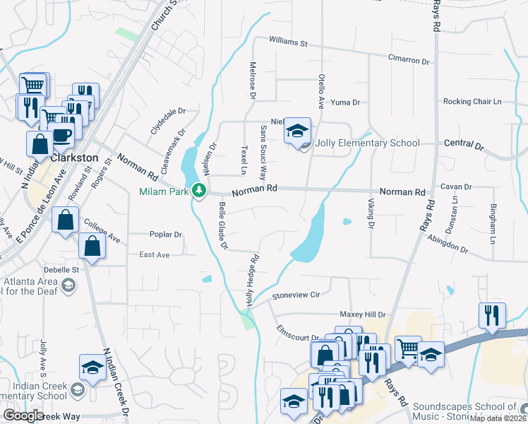 map of restaurants, bars, coffee shops, grocery stores, and more near 3943 Garfield Drive in Stone Mountain