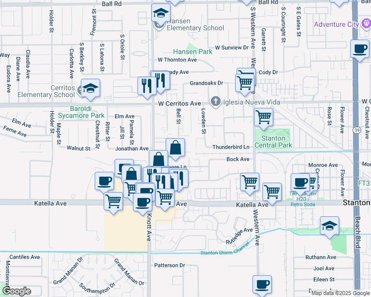 map of restaurants, bars, coffee shops, grocery stores, and more near 10654 Bell Street in Stanton