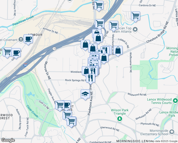 map of restaurants, bars, coffee shops, grocery stores, and more near 588 Wimbledon Road Northeast in Atlanta