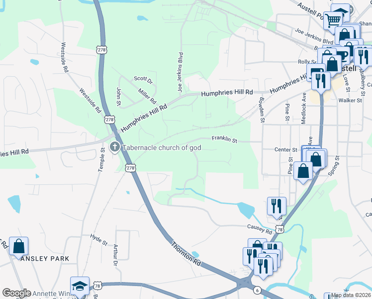 map of restaurants, bars, coffee shops, grocery stores, and more near 2260 Stonebrook Drive in Austell
