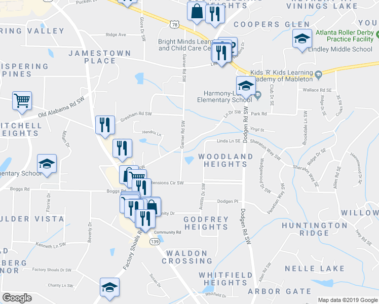 map of restaurants, bars, coffee shops, grocery stores, and more near 6037 Garner Road Southwest in Mableton