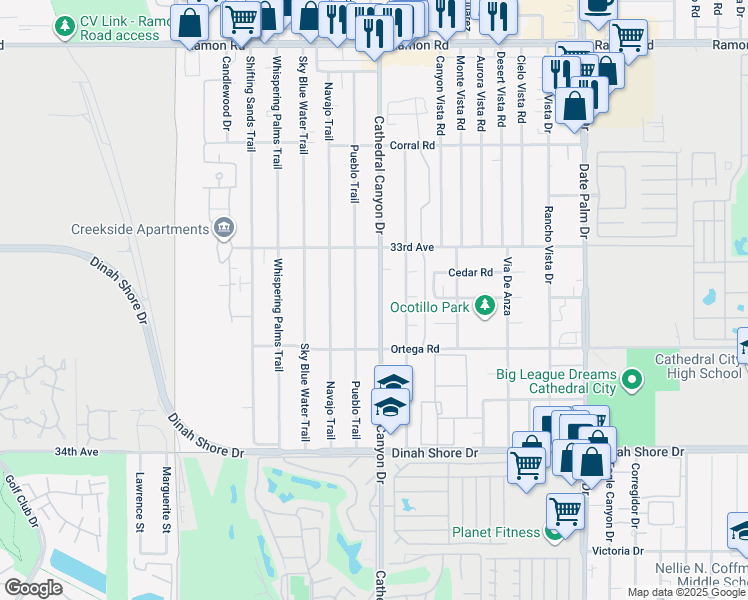 map of restaurants, bars, coffee shops, grocery stores, and more near 33256 Pueblo Trail in Cathedral City