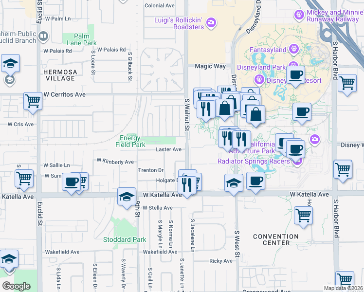 map of restaurants, bars, coffee shops, grocery stores, and more near 1203 Laster Avenue in Anaheim