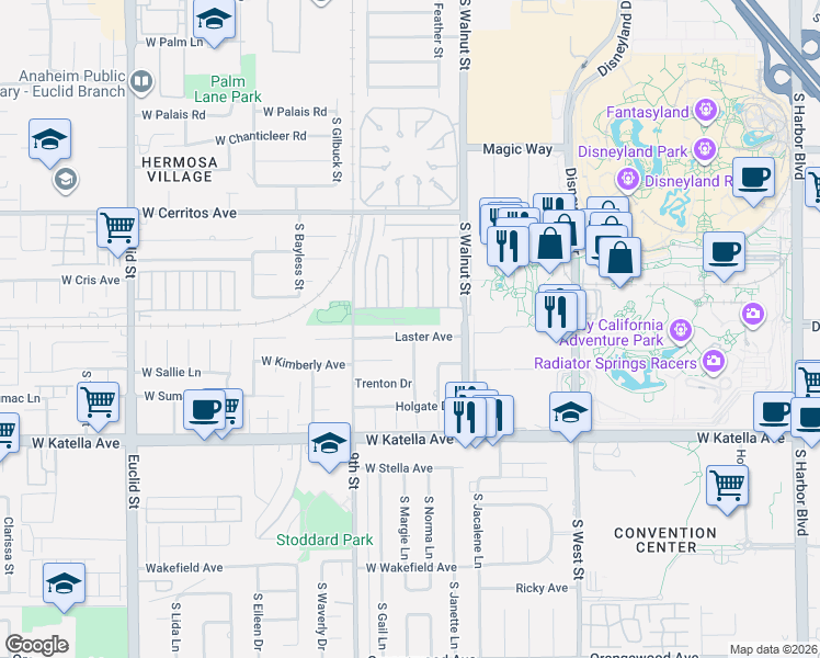 map of restaurants, bars, coffee shops, grocery stores, and more near 1237 Laster Avenue in Anaheim