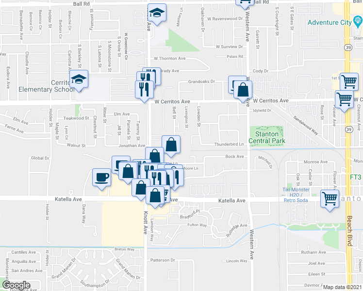 map of restaurants, bars, coffee shops, grocery stores, and more near 10654 Bell Street in Stanton