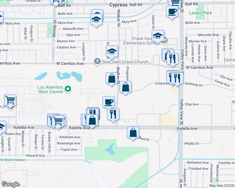 map of restaurants, bars, coffee shops, grocery stores, and more near 10742 Walker Street in Cypress