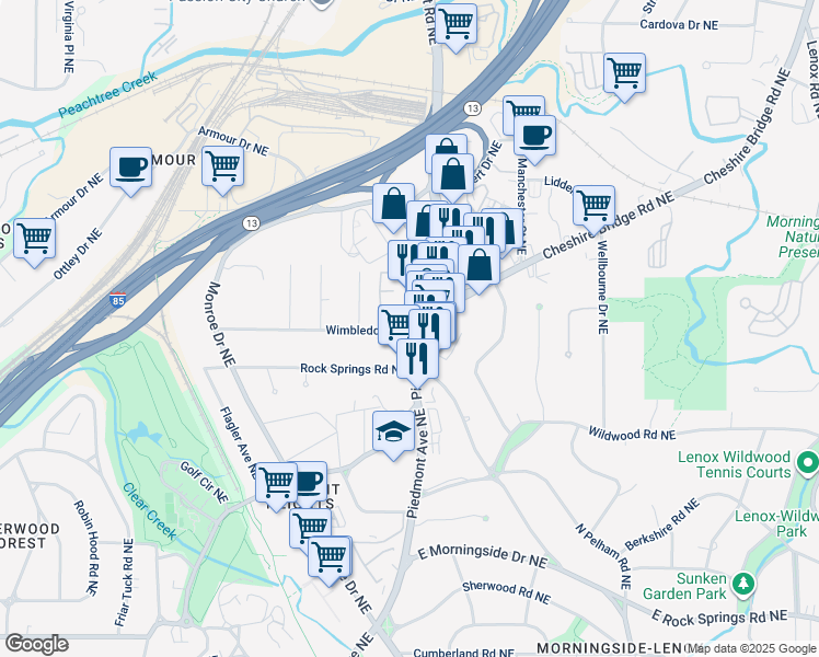 map of restaurants, bars, coffee shops, grocery stores, and more near 588 Wimbledon Road Northeast in Atlanta