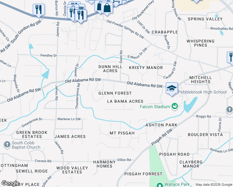 map of restaurants, bars, coffee shops, grocery stores, and more near 6151 South Glenn Forest Southwest in Mableton