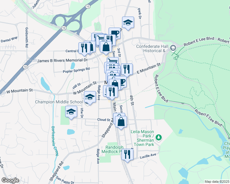 map of restaurants, bars, coffee shops, grocery stores, and more near 929 Main Street in Stone Mountain