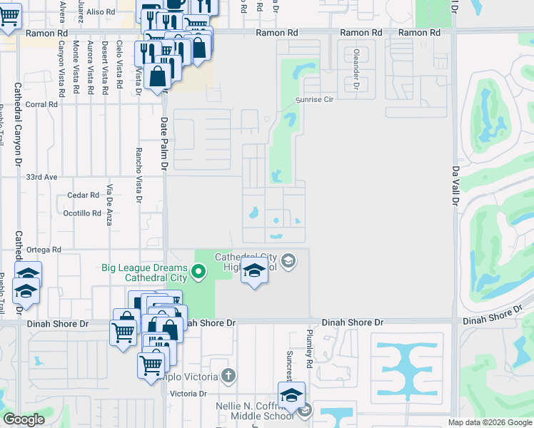 map of restaurants, bars, coffee shops, grocery stores, and more near Maple Drive in Cathedral City
