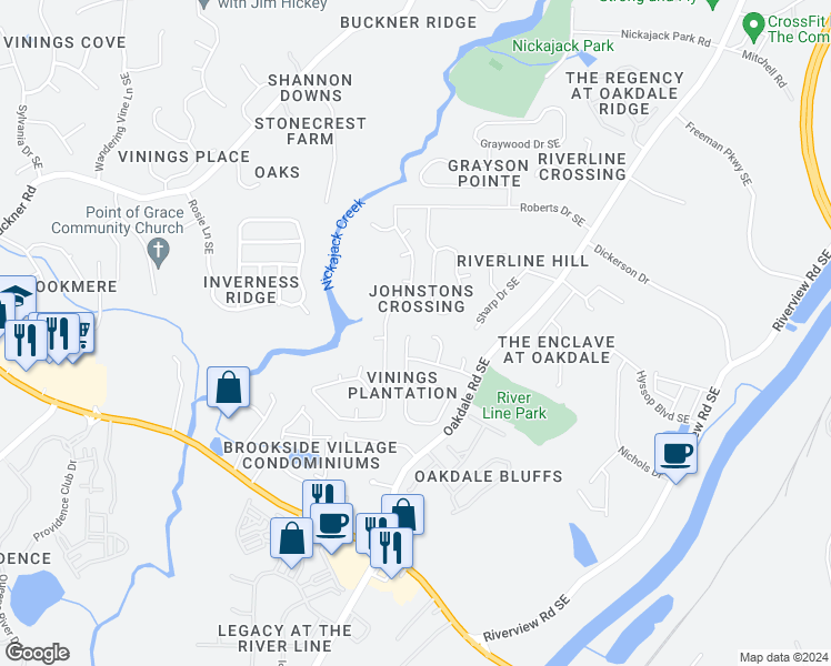 map of restaurants, bars, coffee shops, grocery stores, and more near 6007 Farmwood Way Southeast in Mableton