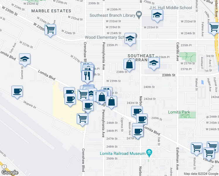 map of restaurants, bars, coffee shops, grocery stores, and more near 23924 Pennsylvania Avenue in Lomita