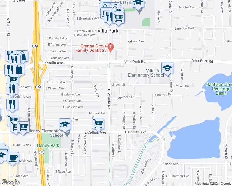 map of restaurants, bars, coffee shops, grocery stores, and more near 10692 Albany Circle in Villa Park