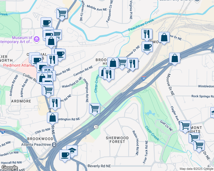map of restaurants, bars, coffee shops, grocery stores, and more near 102 Ottley Drive Northeast in Atlanta