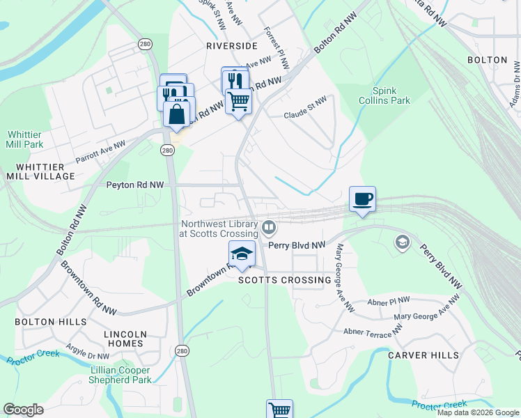 map of restaurants, bars, coffee shops, grocery stores, and more near 2582 Astaire Court NorthWest in Atlanta