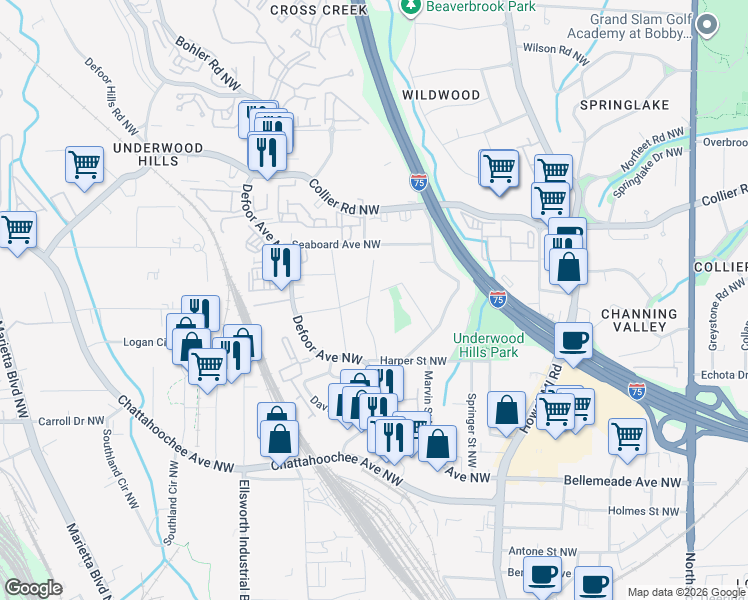 map of restaurants, bars, coffee shops, grocery stores, and more near 1895 Volberg Street Northwest in Atlanta