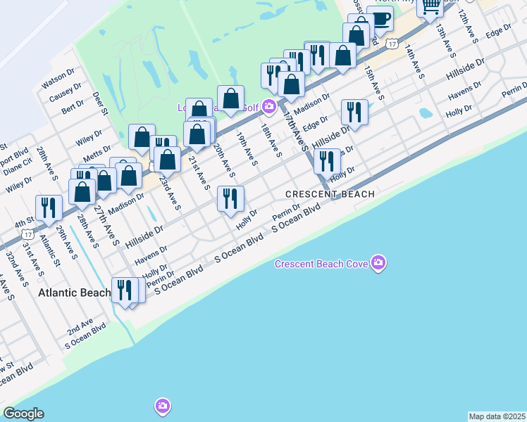 map of restaurants, bars, coffee shops, grocery stores, and more near 1907 Holly Drive in North Myrtle Beach