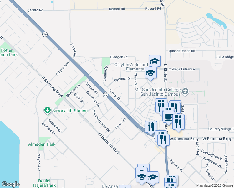 map of restaurants, bars, coffee shops, grocery stores, and more near 1091 Serena Drive in San Jacinto