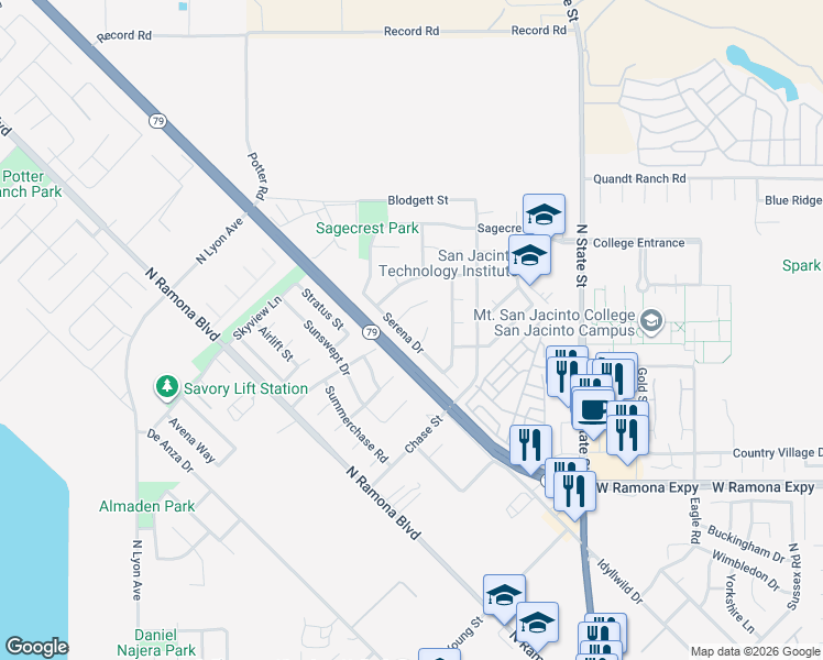 map of restaurants, bars, coffee shops, grocery stores, and more near 1087 Serena Drive in San Jacinto