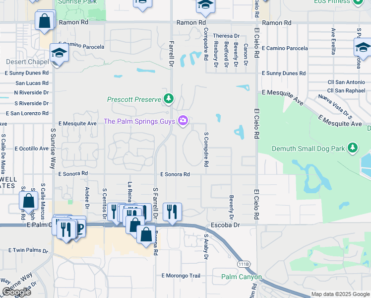 map of restaurants, bars, coffee shops, grocery stores, and more near 2701 East Mesquite Avenue in Palm Springs