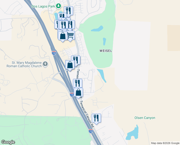 map of restaurants, bars, coffee shops, grocery stores, and more near 21650 Temescal Canyon Road in Corona