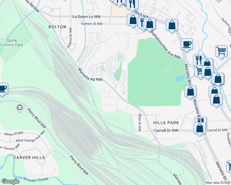 map of restaurants, bars, coffee shops, grocery stores, and more near 1888 Marietta Road Northwest in Atlanta