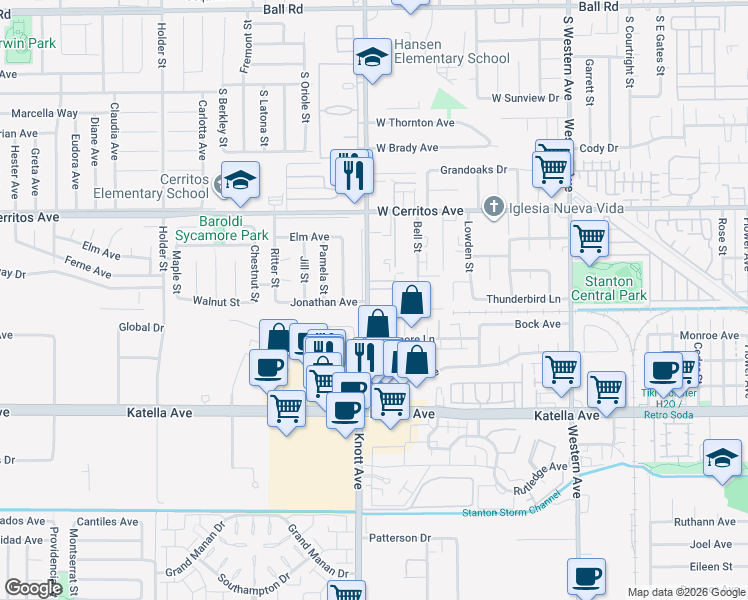 map of restaurants, bars, coffee shops, grocery stores, and more near 10700 Knott Avenue in Stanton