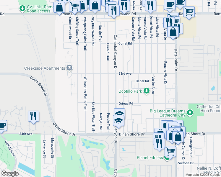 map of restaurants, bars, coffee shops, grocery stores, and more near 33256 Pueblo Trail in Cathedral City