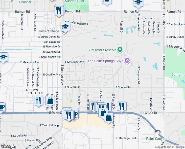 map of restaurants, bars, coffee shops, grocery stores, and more near 1143 West Oakcrest Drive in Palm Springs