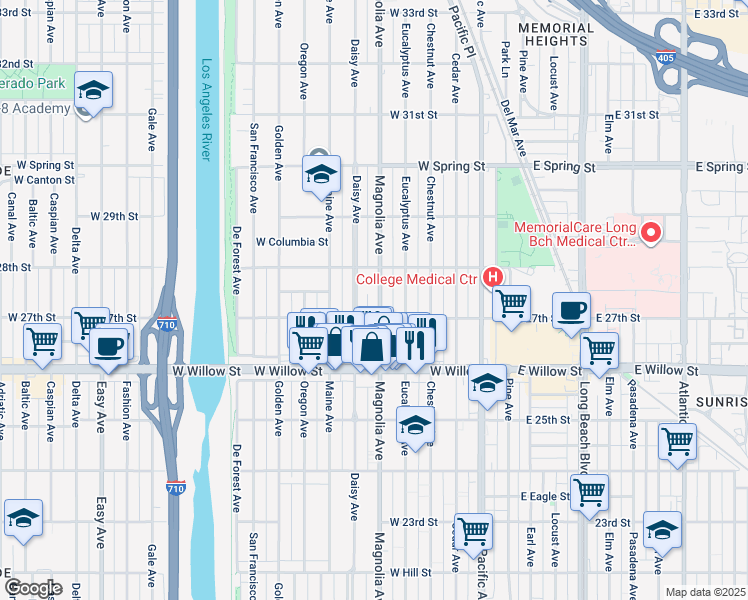 map of restaurants, bars, coffee shops, grocery stores, and more near 2729 Magnolia Avenue in Long Beach