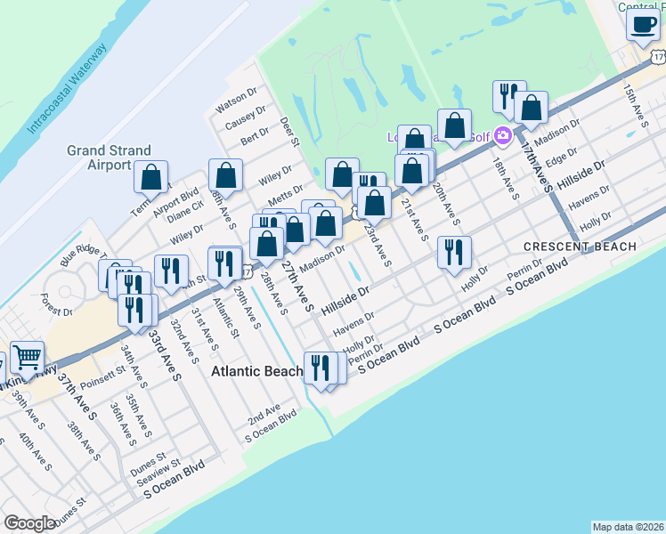 map of restaurants, bars, coffee shops, grocery stores, and more near 704 25th Avenue South in North Myrtle Beach