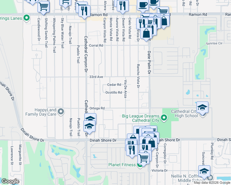 map of restaurants, bars, coffee shops, grocery stores, and more near Ocotillo Road in Cathedral City
