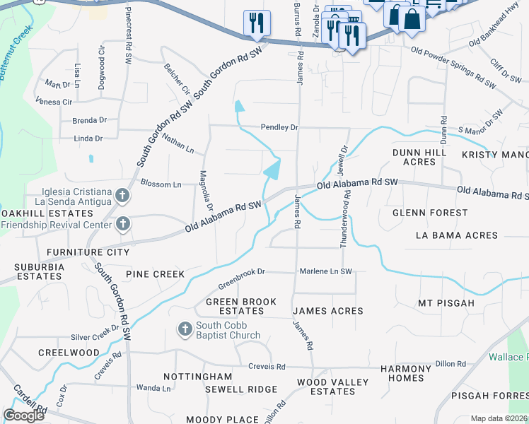 map of restaurants, bars, coffee shops, grocery stores, and more near 1583 Old Alabama Road Southwest in Austell