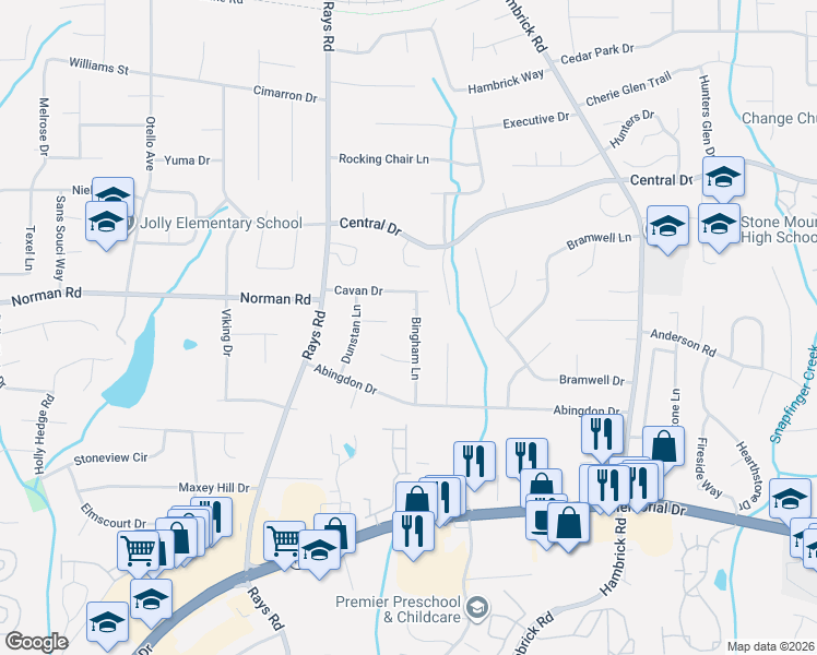 map of restaurants, bars, coffee shops, grocery stores, and more near 980 Bingham Lane in Stone Mountain