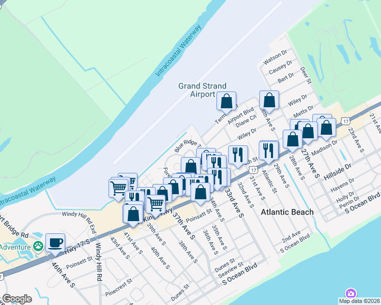 map of restaurants, bars, coffee shops, grocery stores, and more near 1111 Wildwood Tr in North Myrtle Beach