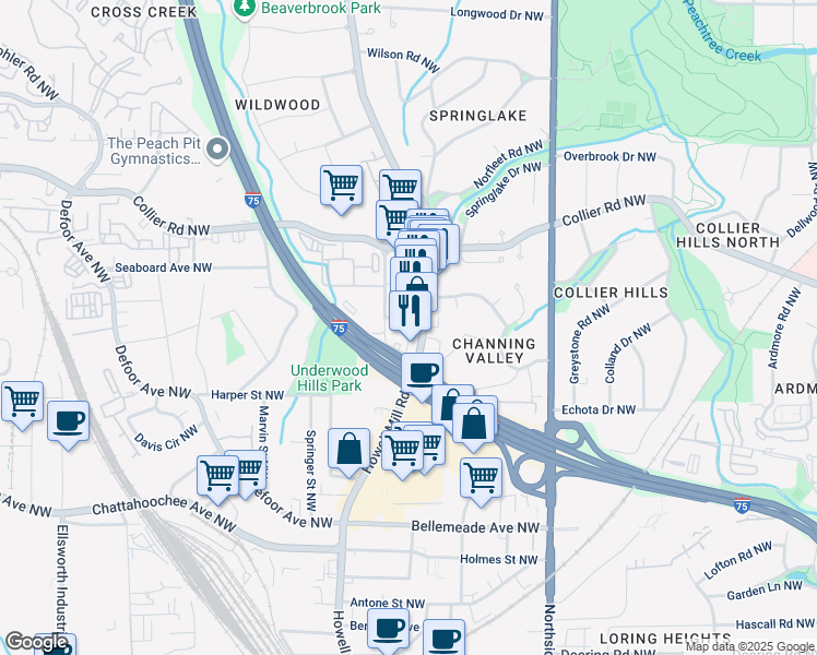 map of restaurants, bars, coffee shops, grocery stores, and more near 12 Beck Street Northwest in Atlanta