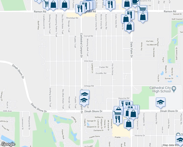 map of restaurants, bars, coffee shops, grocery stores, and more near 33249 Campus Lane in Cathedral City