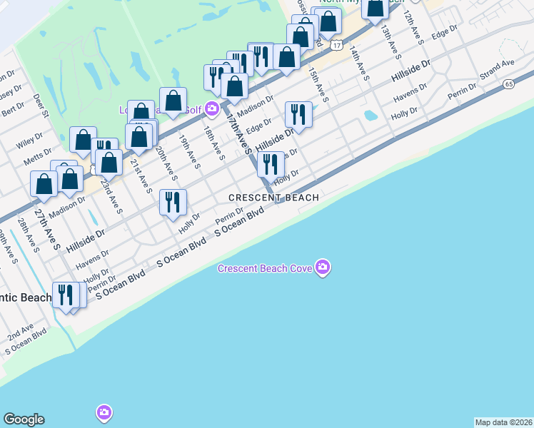 map of restaurants, bars, coffee shops, grocery stores, and more near in North Myrtle Beach